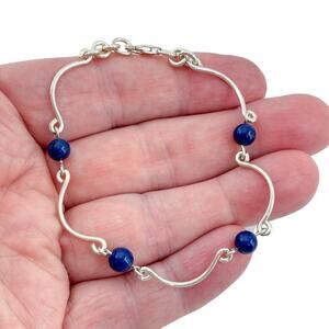 Vintage Sterling Silver 925 Blue Glass Bead Wavy Bracelet 7"-7.5"